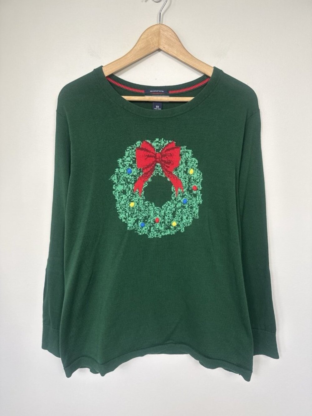 Lands End Womens Sweater 2X Green Holiday Wreath Cotton Crew Neck Christmas